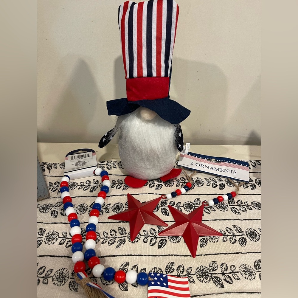 Patriotic tiered tray decor, garland, gnome, ornaments